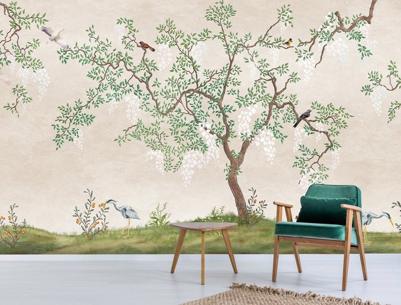 Asian Style Blossom Tree And Birds Wallpaper Wallmural | Evershine Wall